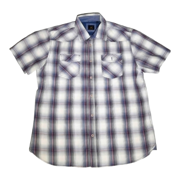 LEE Plaid and Chambray Short Sleeve Button Front‎ Shirt Size L - Picture 1 of 8